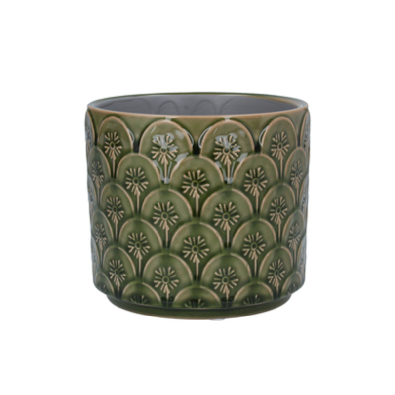 Green Flower Arc Design Ceramic Pot Cover. The Perfect Addition To Your Home Or Garden. By Gisela Graham.